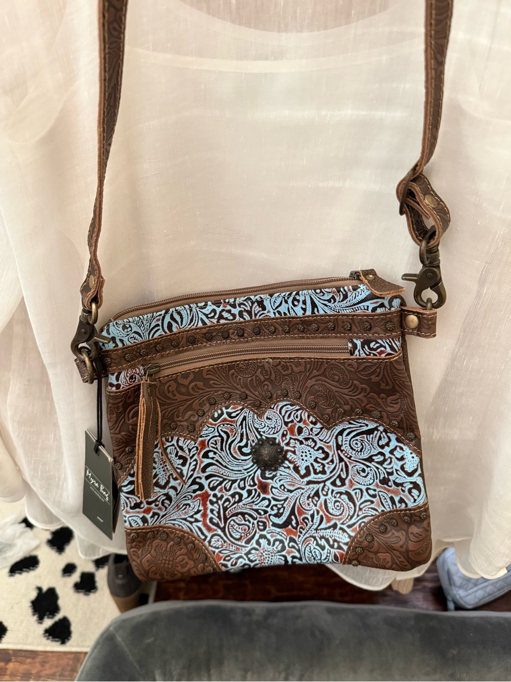 Myra Bag Brown and Light Blue Tooled Leather Crossbody